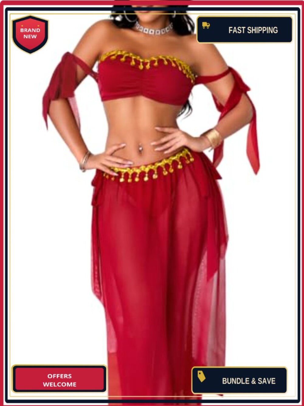 Sexy Belly Dancer 3 Piece Costume Sheer Mesh High Slit Fringe Dancewear